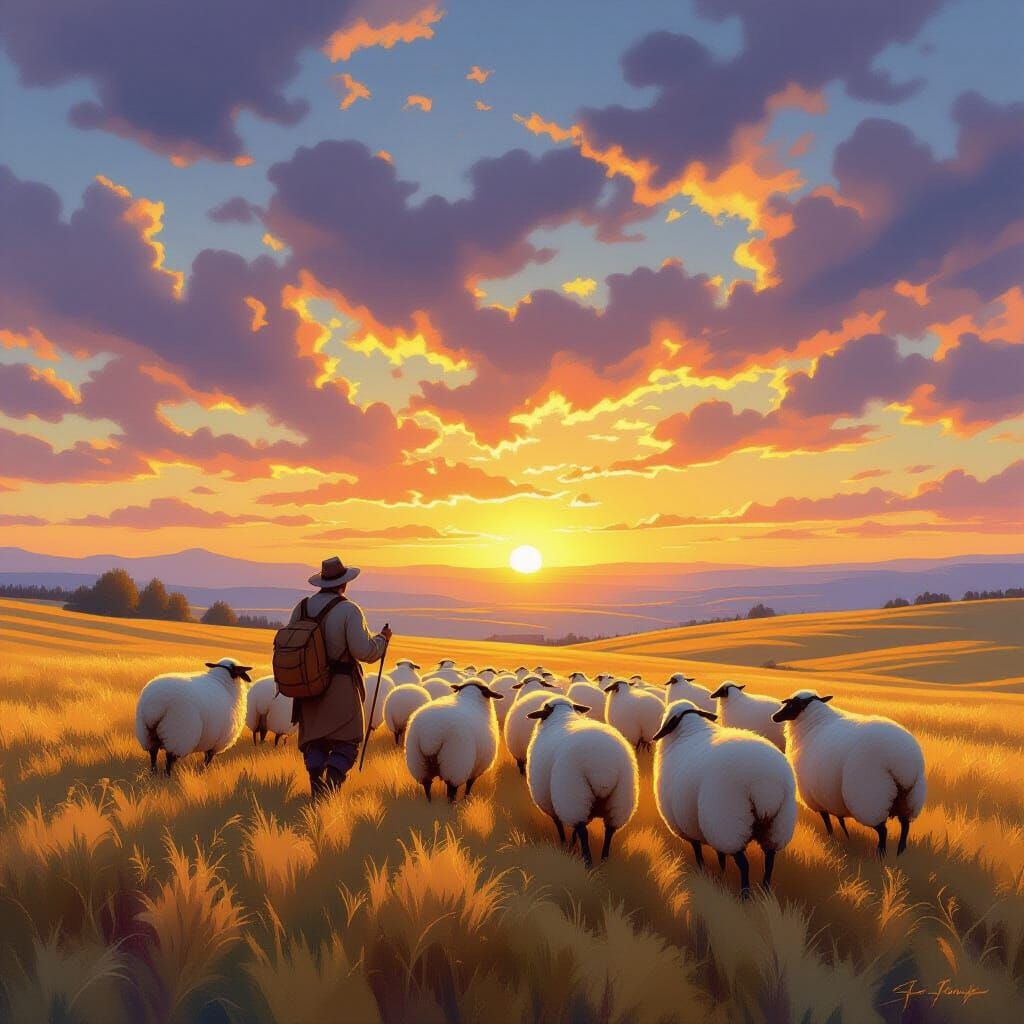 Shepherd Guides Cloud Sheep Across Golden Plain at Sunset