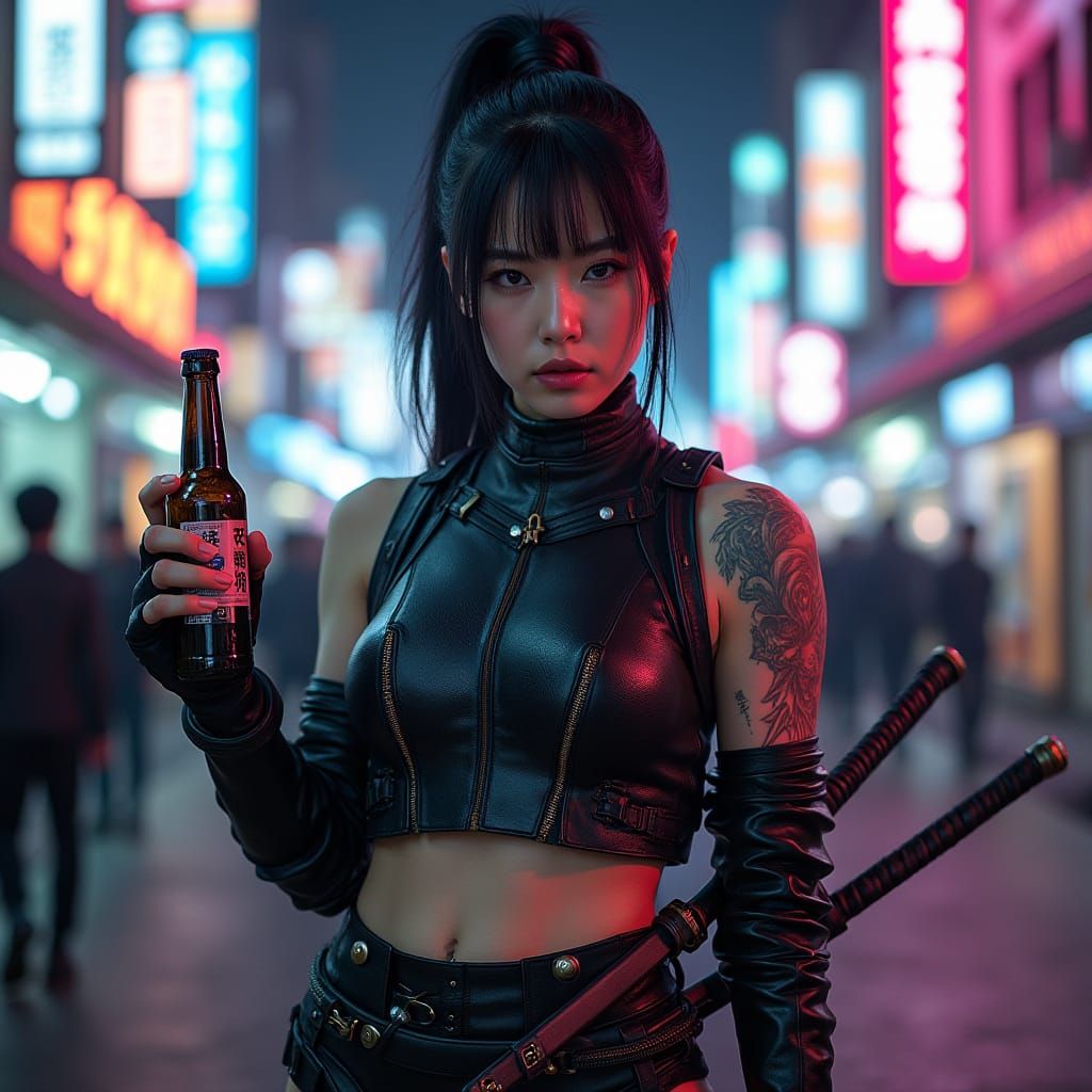 Cyberpunk Korean Warrior with Katanas in Seoul