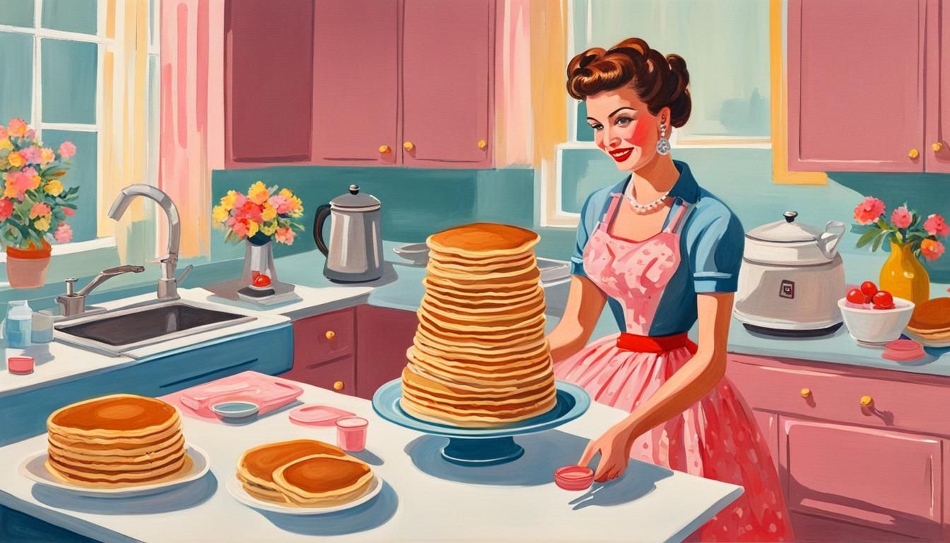 Knitted 50s Housewife with Pancakes: Gouache Painting