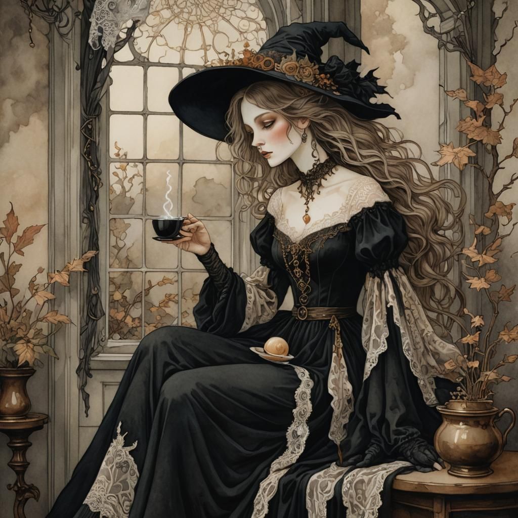 Victorian Witch Mixing Coffee, Gouache Style