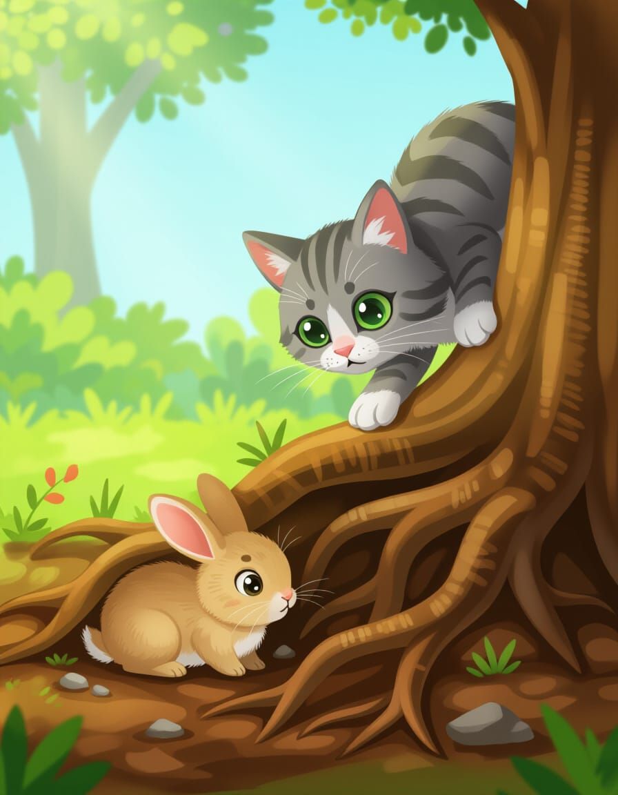 Scared Bunny Hides From Giant Cat