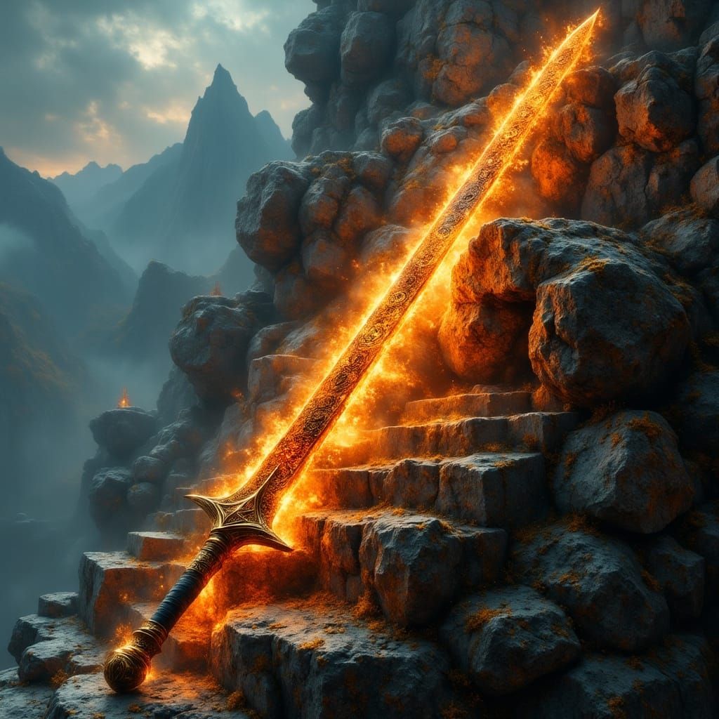 Epic Fire Elemental Rune Sword on Mountain Ledge