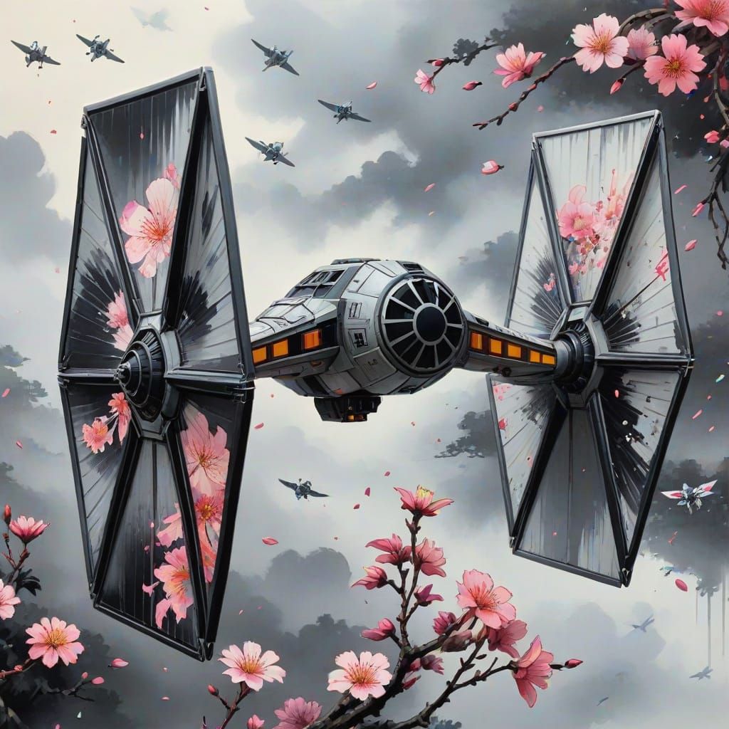 TIE-Fighter Surrounded by Flowers in Ink Painting Style