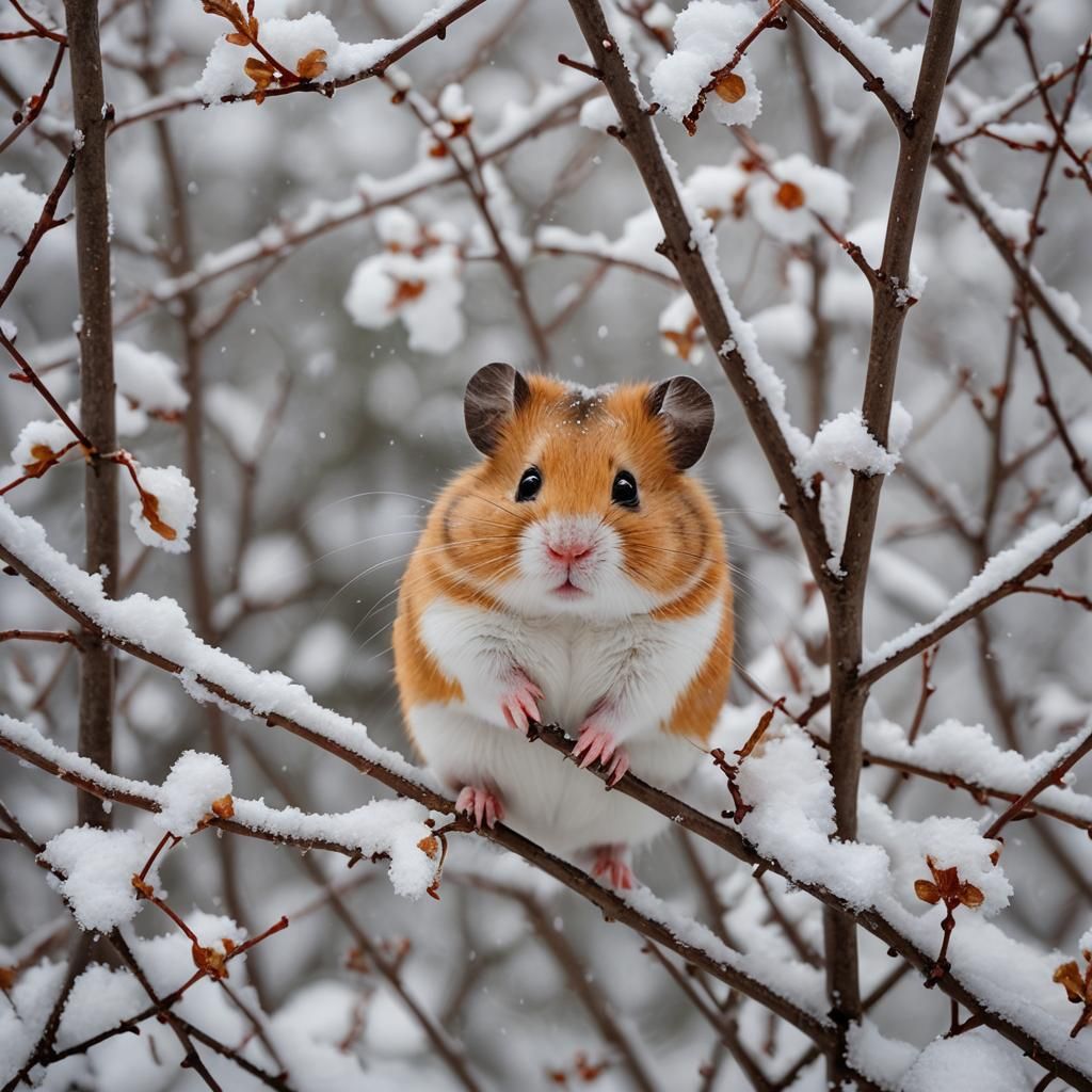 Hamster's Winter Hideaway in Snowy Branches