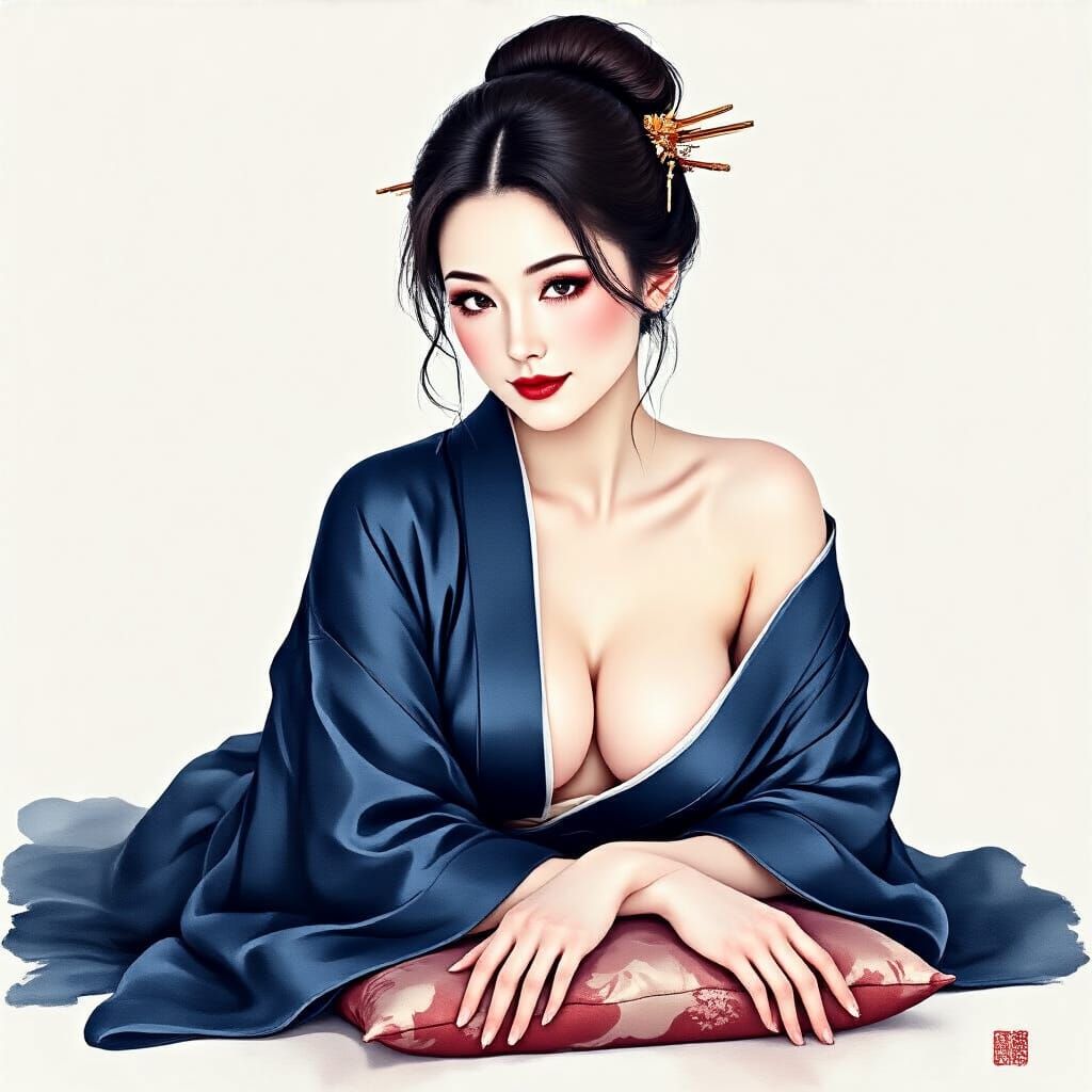 Japanese Woman in Kimono, Watercolor Painting with Wet Blend...