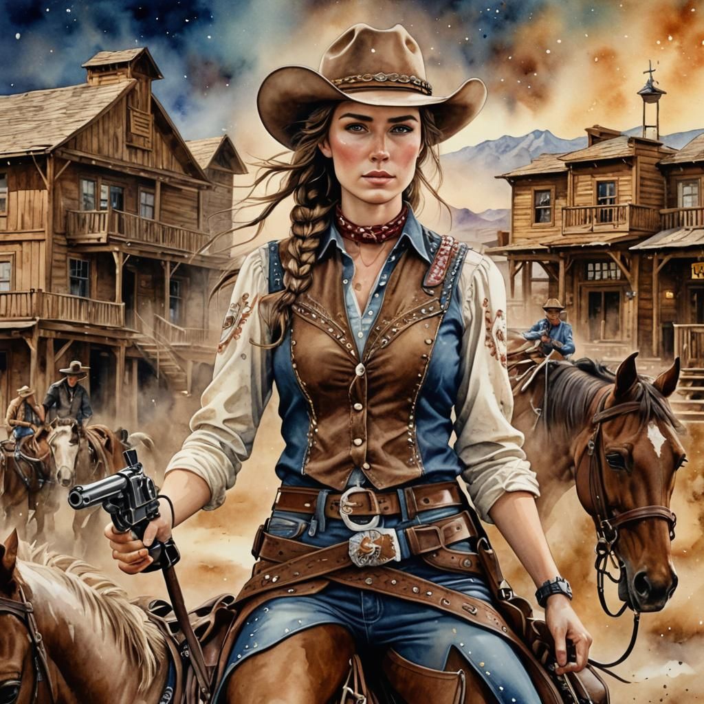 Virgo Cowgirl Watercolor Painting in Western Town