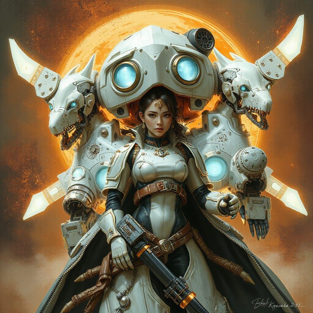 Steampunk Android Warlord with Glowing Futuristic Forms