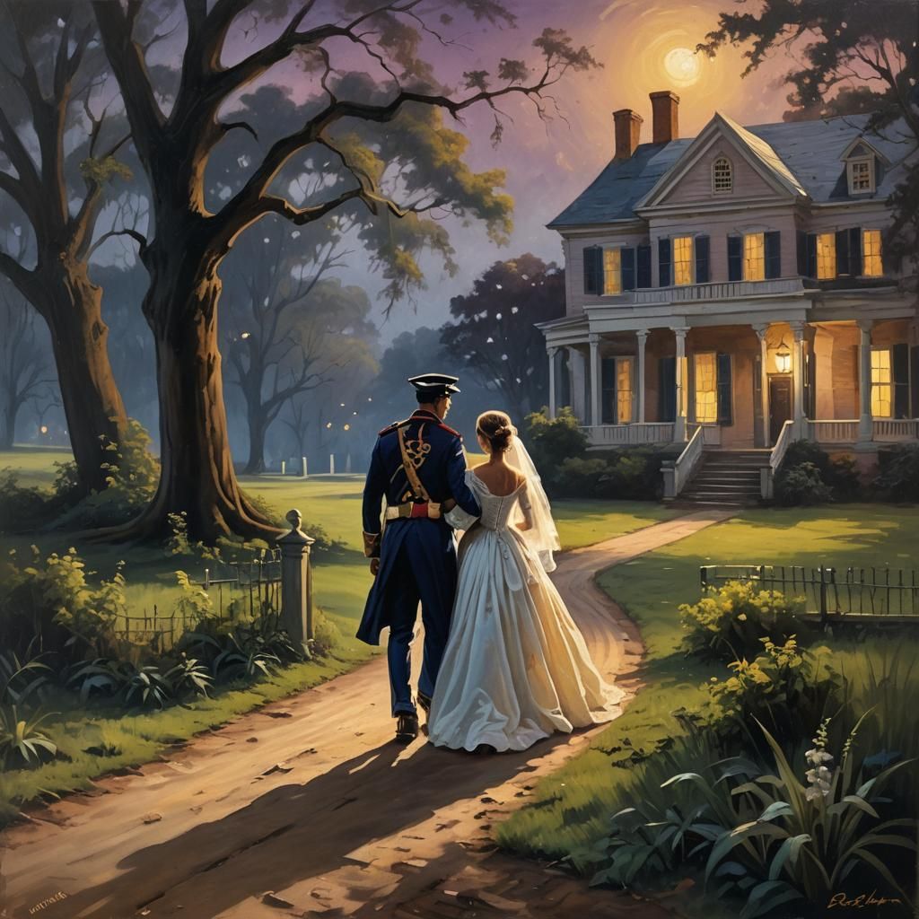 Romantic Colonial Wedding in Oil Painting Style