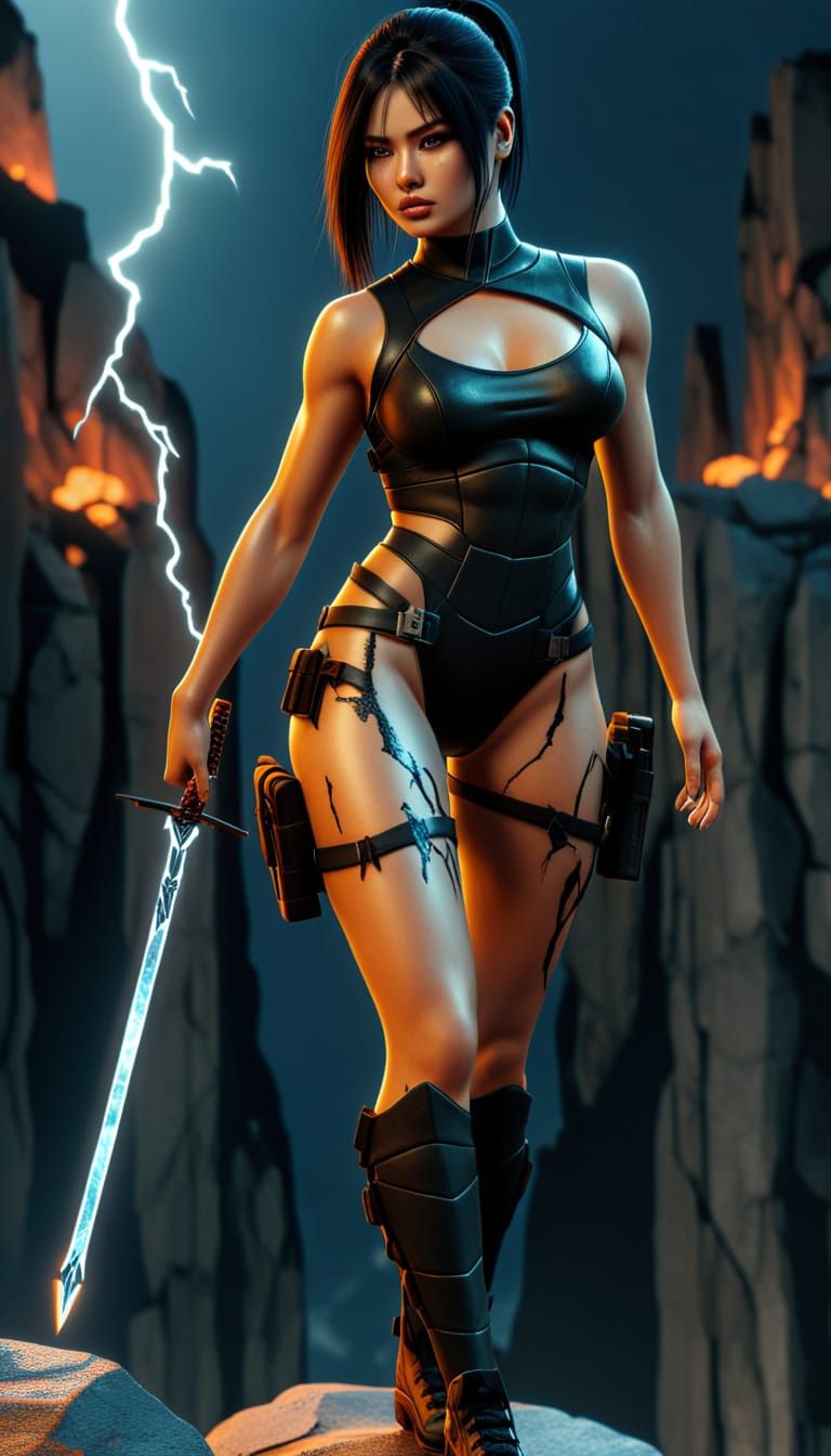 Titan of Stone and Lightning on Mountain Peak at Sunset