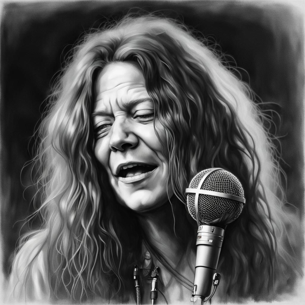 photorealistic pencil sketch of Janis Joplin with microphone...