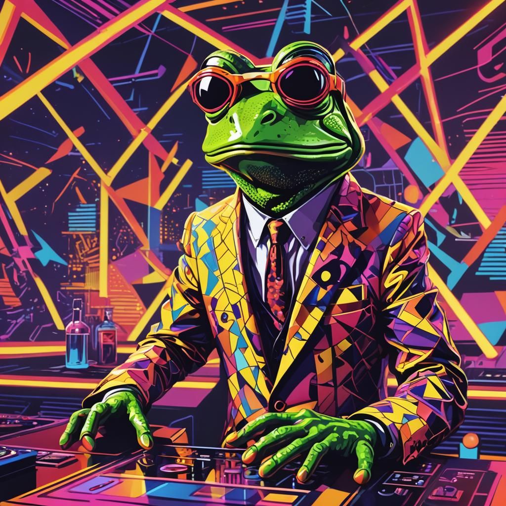 Frog DJ in Neon Nightclub: Digital Pop Art