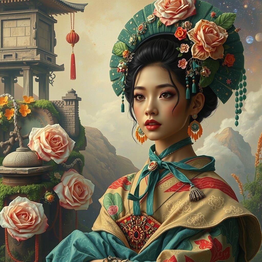 Ethereal Geisha Dancing Above Nebula in Fantasy Style