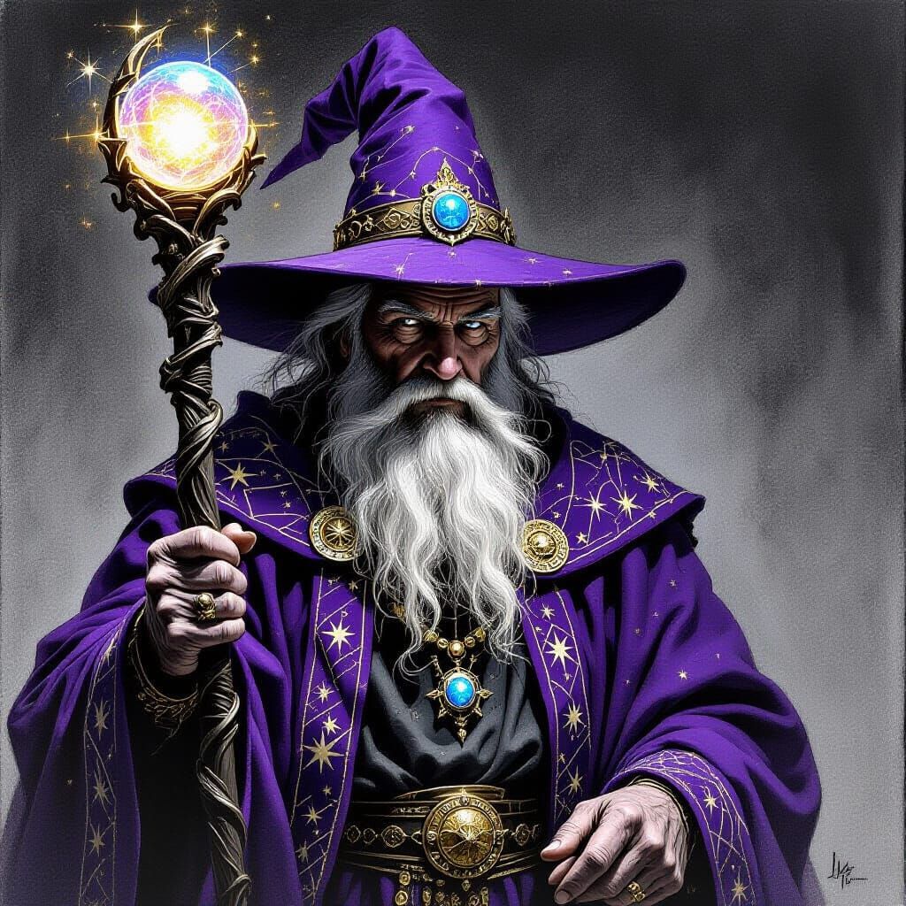 Wizard King in Dramatic Charcoal Drawing Style