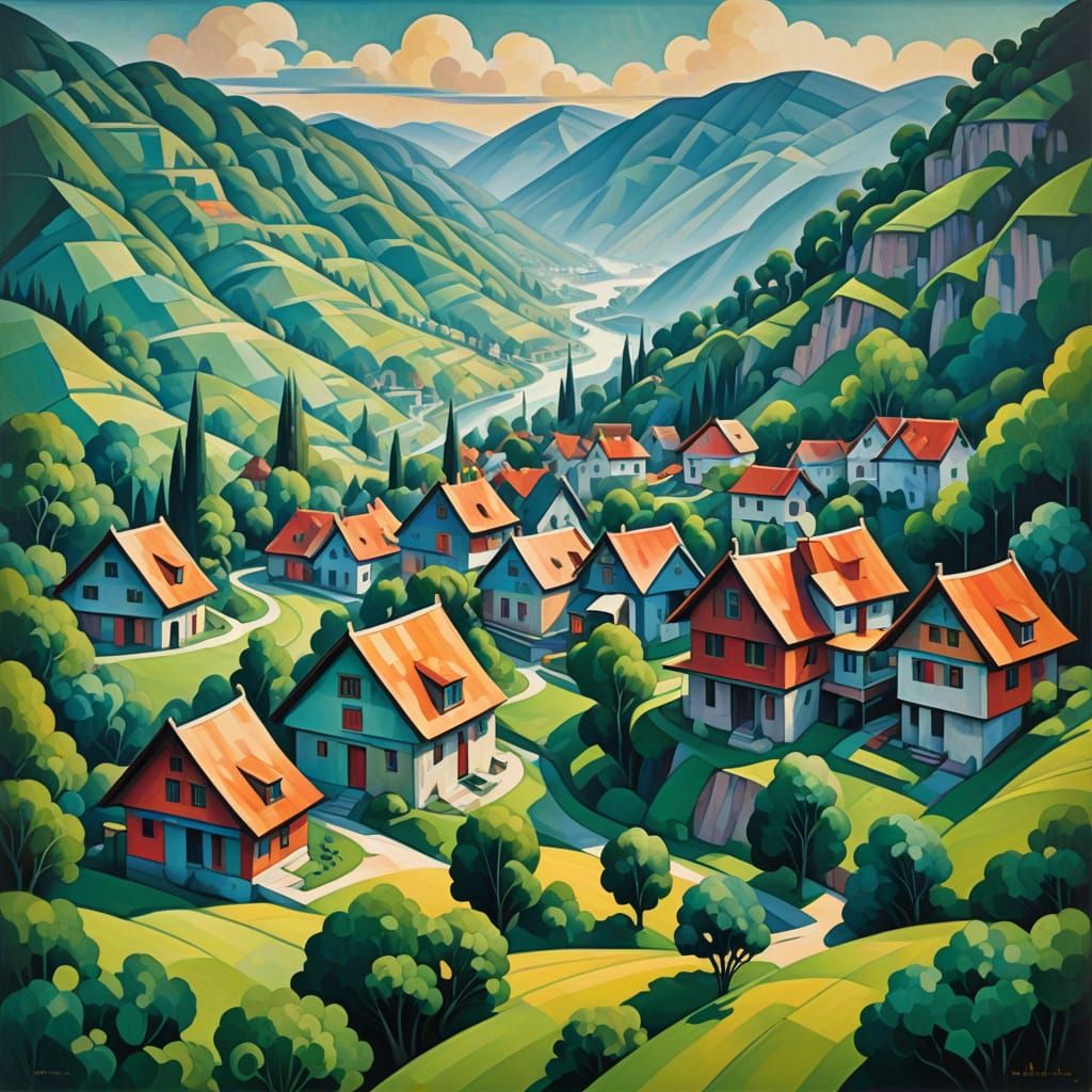 Vibrant Cubist Village Amidst Rolling Hills and Misty Forest...