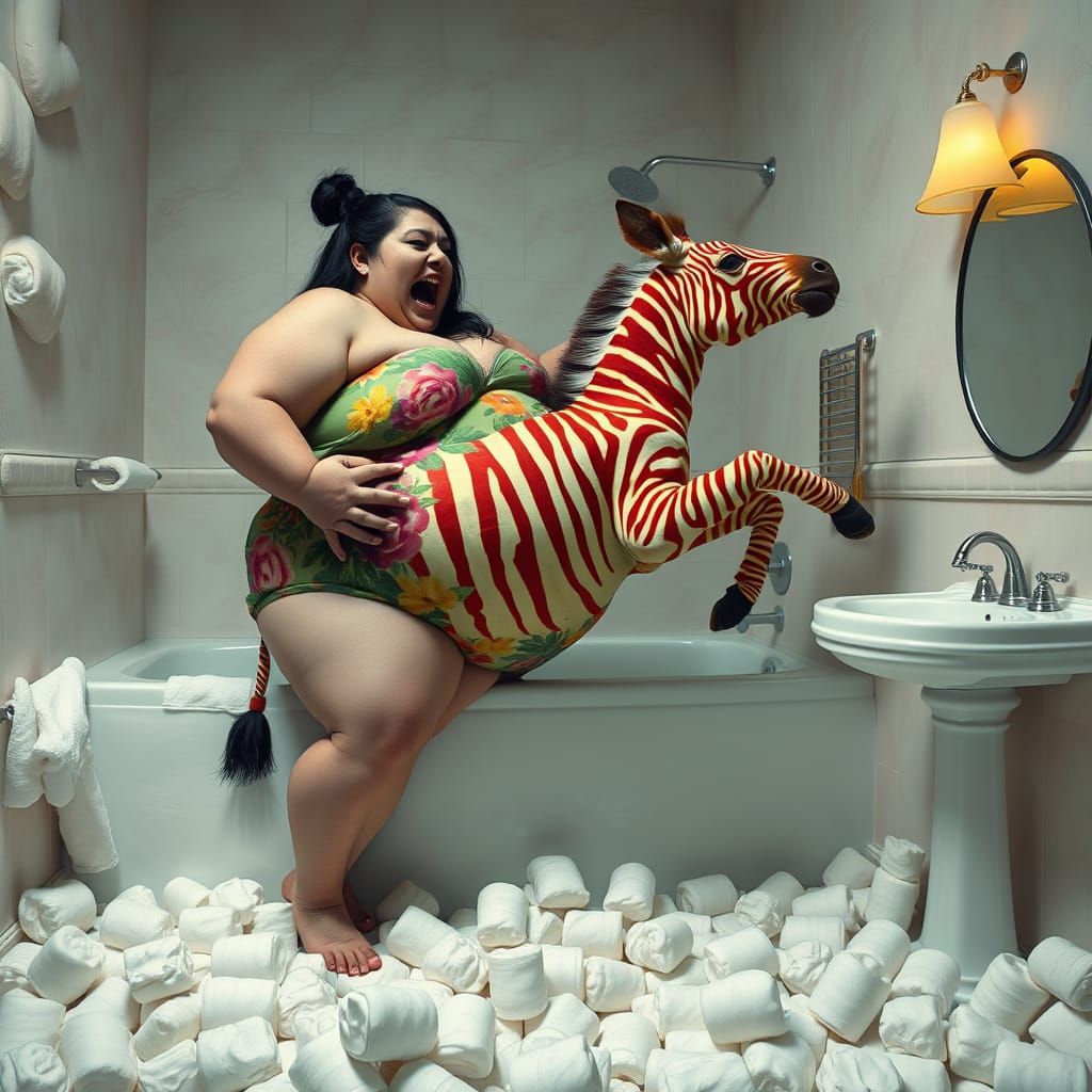 Surreal Woman Devours Striped Zebra in Marshmallow Bathroom