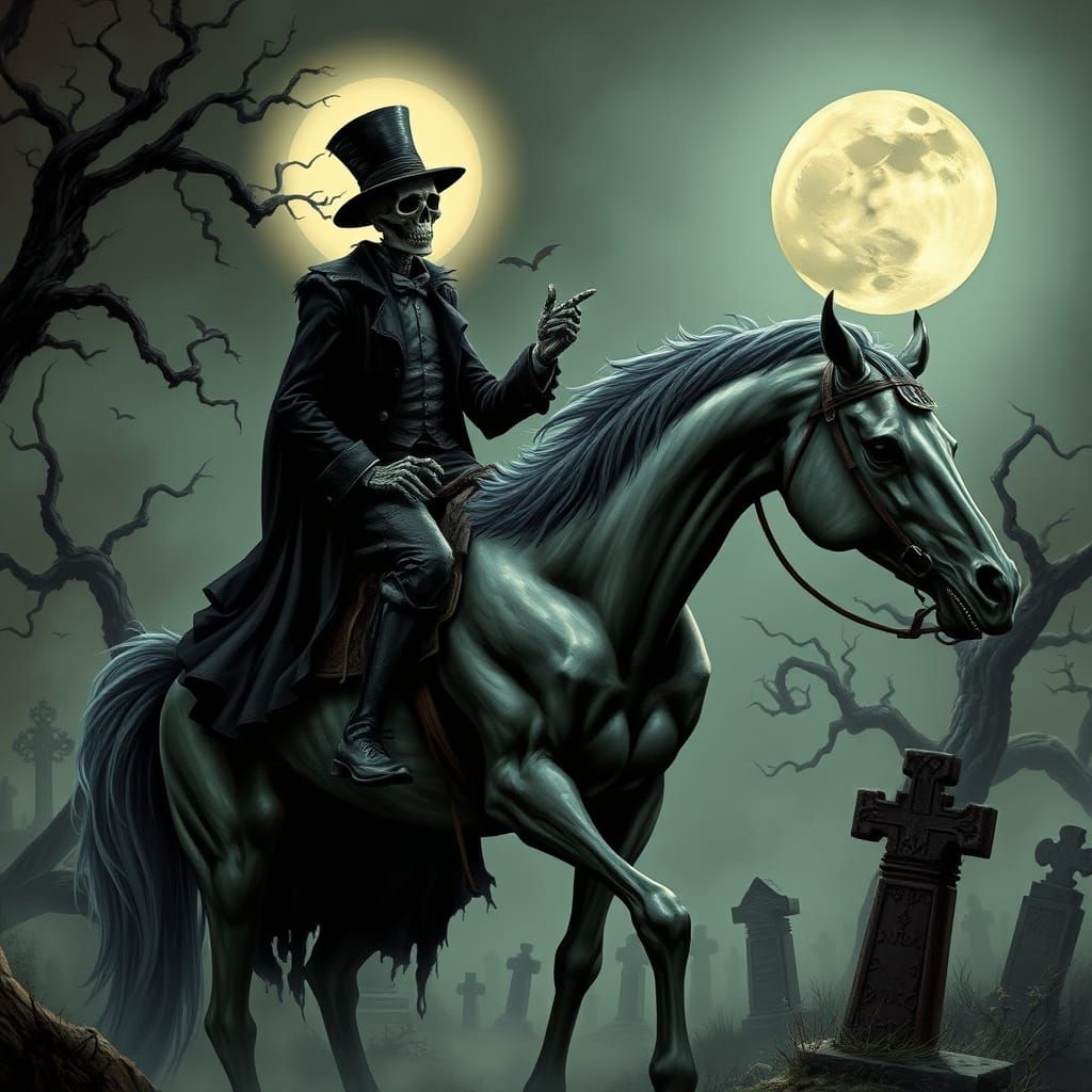 Skeletal Figure Rides Headless Horse in Haunting Victorian G...