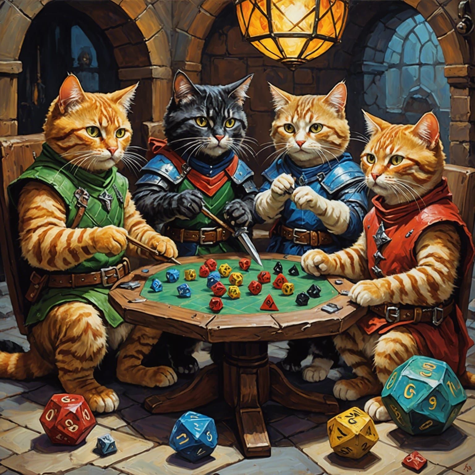 Cats Play Dungeons and Dragons as Impasto Oil Painting