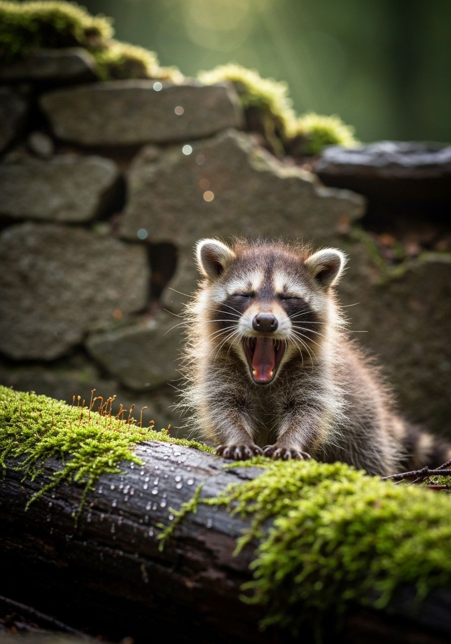 Adorable Baby Raccoon Yawning in Sunlit Mossy Forest