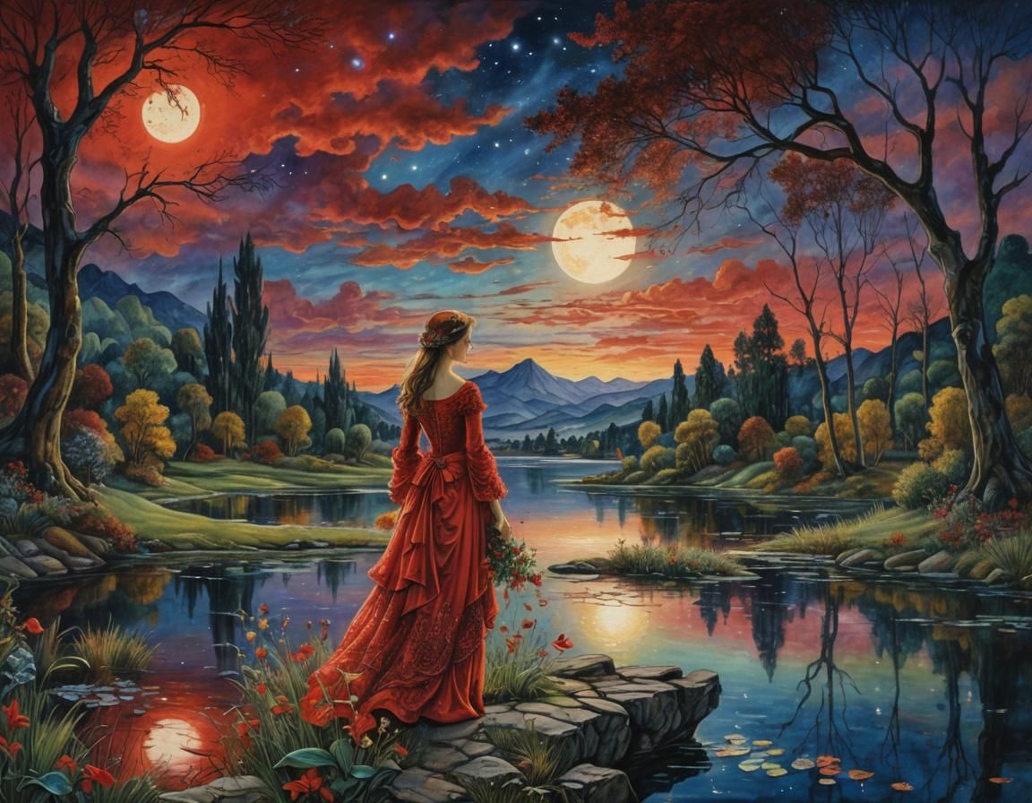 Lady in Red by Lake, Surrealist Style