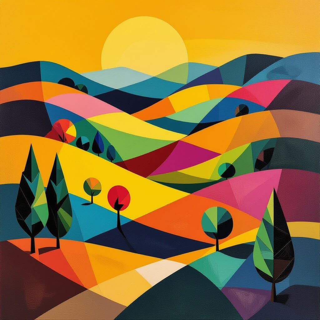 Cubist Landscape: Vibrant Hills Under Yellow Sky
