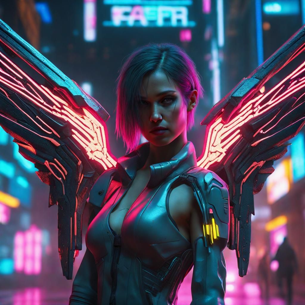 Cyberpunk Angel with Intricate Wings in 8k