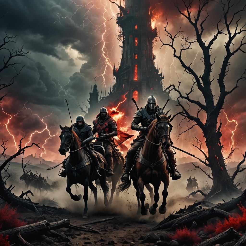 Horsemen Approach Dark Forest with Tower in Dark Fantasy Sty...