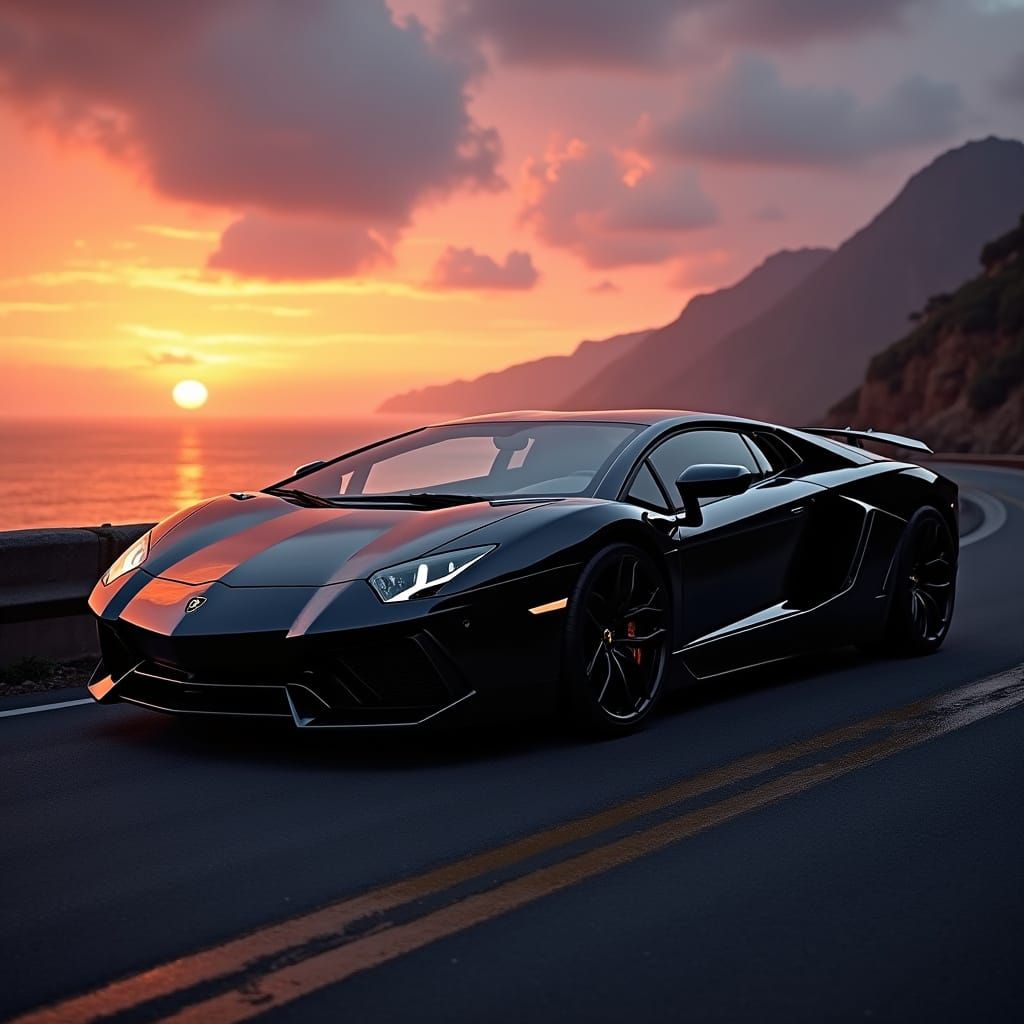 Sleek Black Lamborghini on Coastal Highway at Sunset