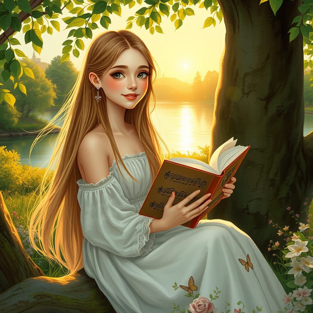 Young Woman in Serene Nature Scene with Musical Notes