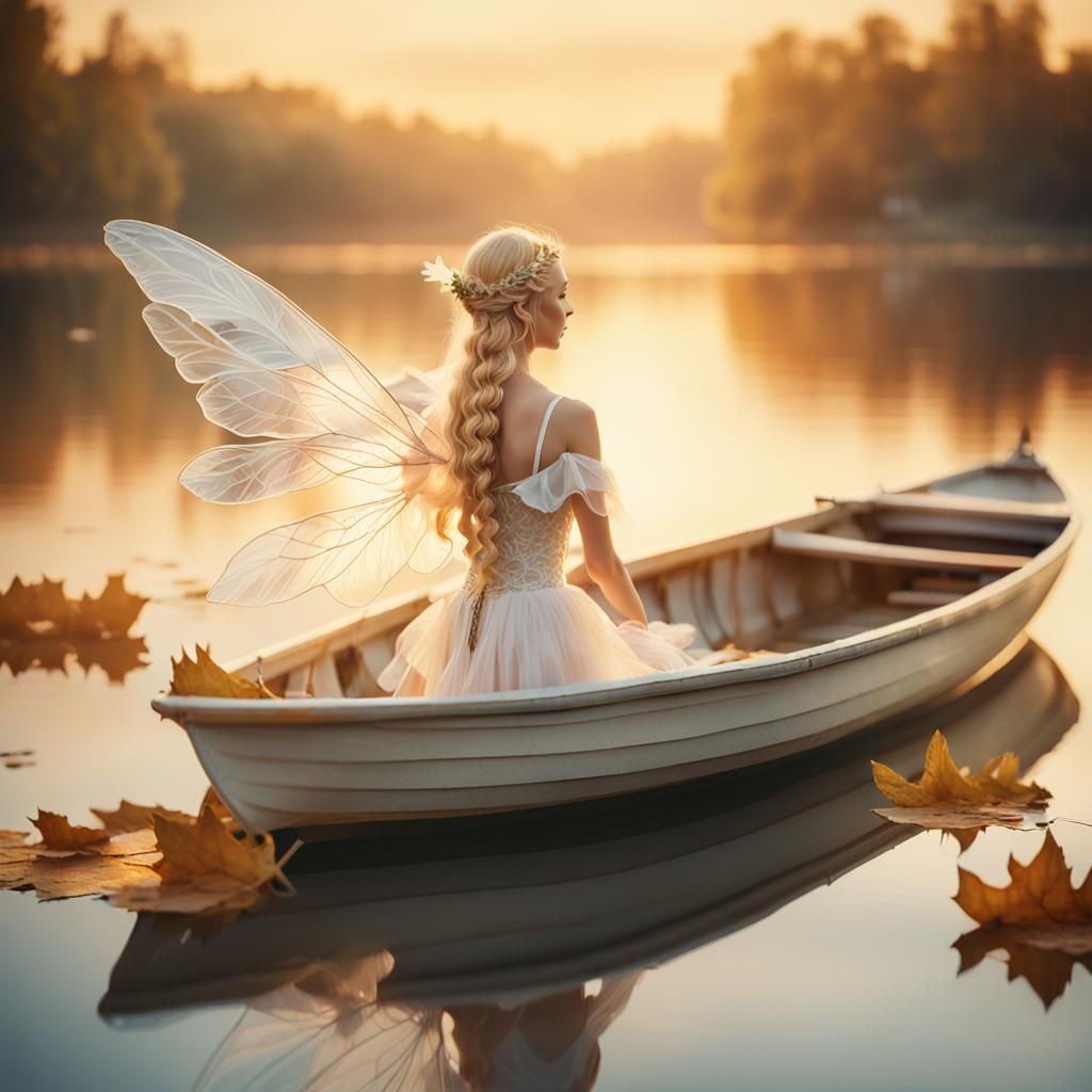 Baroque Fairy Rowing Leaf Boat at Sunset