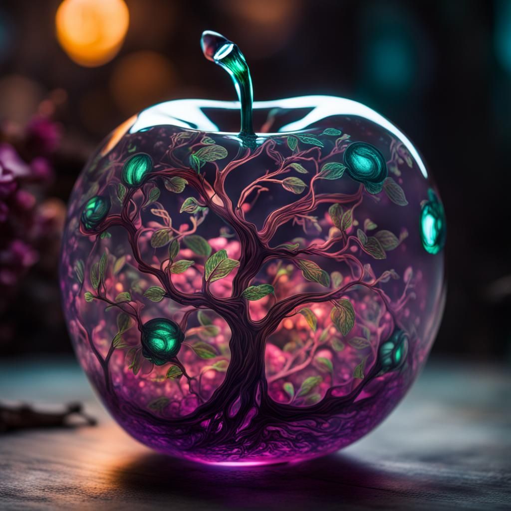 Bioluminescent Glass Apple with Enchanted Depth