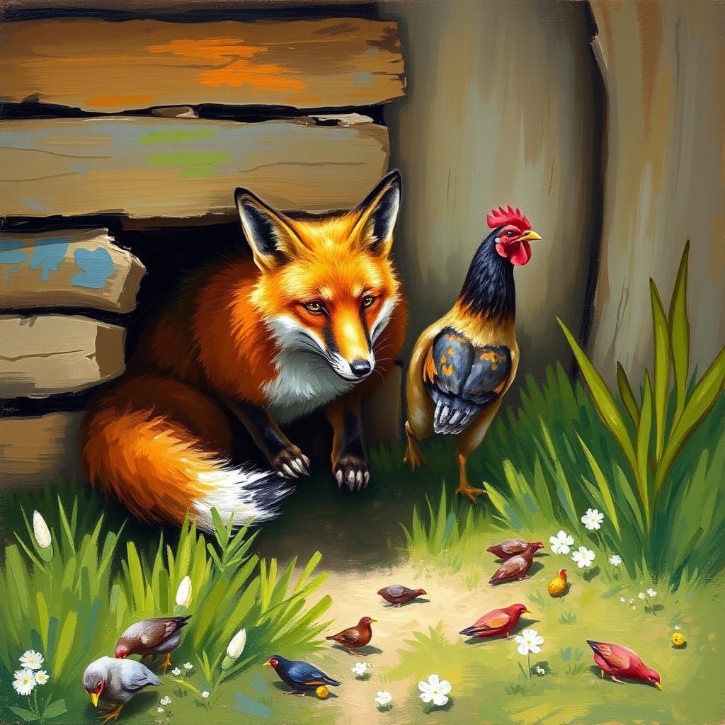Fox Sneaking into Henhouse: Impressionist Painting