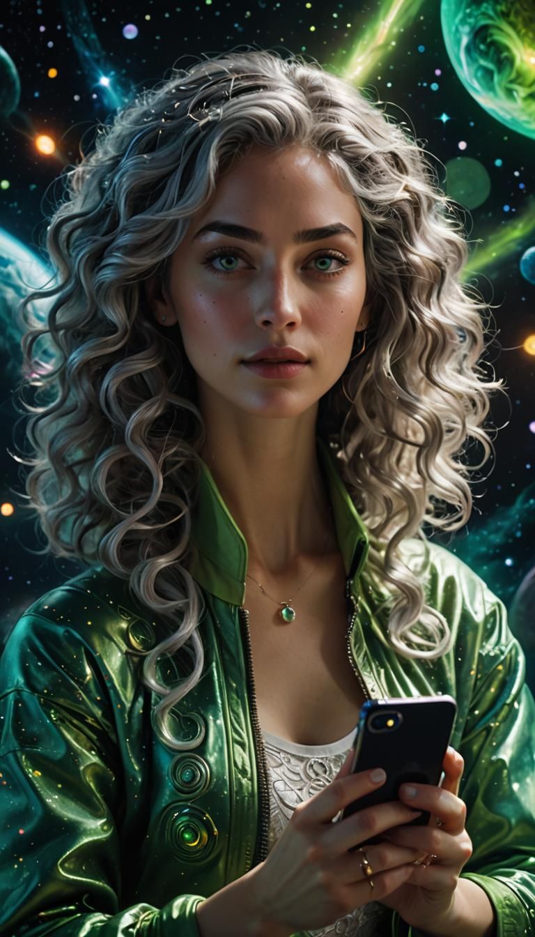 Woman with iPhone in Space, Cosmic Illustration