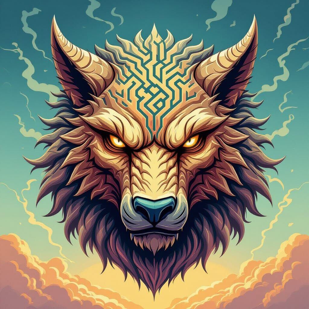 Mystical Beast Face with Puzzle Maze Lines