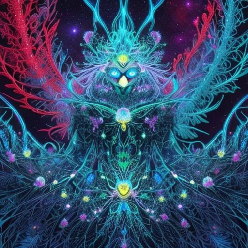 Bioluminescent Fractal Plants in Starry Night Sky