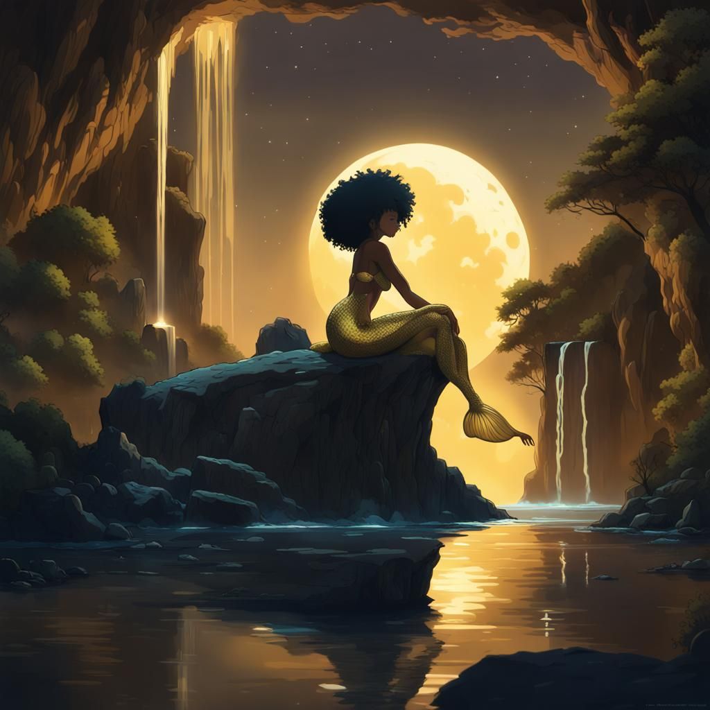 Golden Mermaid Lounging by Waterfall, Anime Style