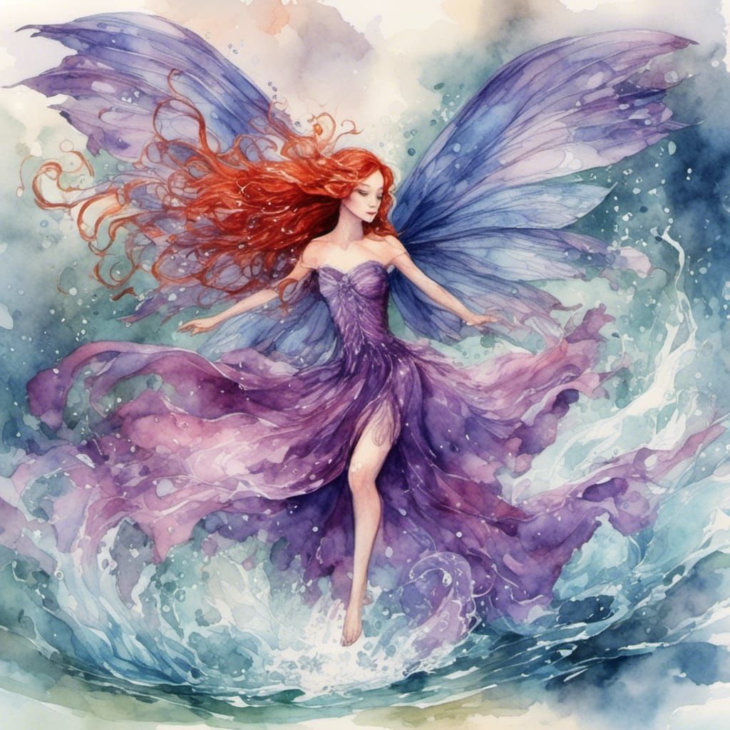 Red-Haired Water Fairy with Translucent Wings