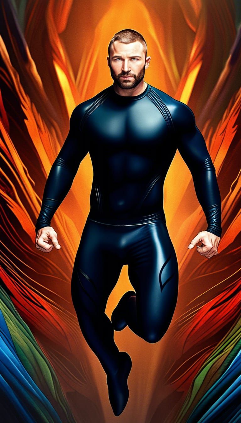 Muscular Man in Spandex Catsuit Jumping