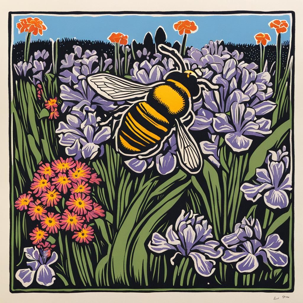 Linocut of a honeybee