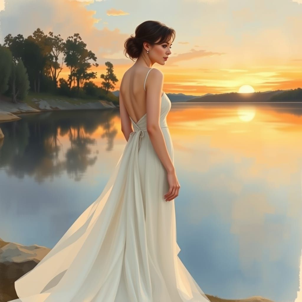Elegant Woman by Lake: Art Nouveau Watercolor
