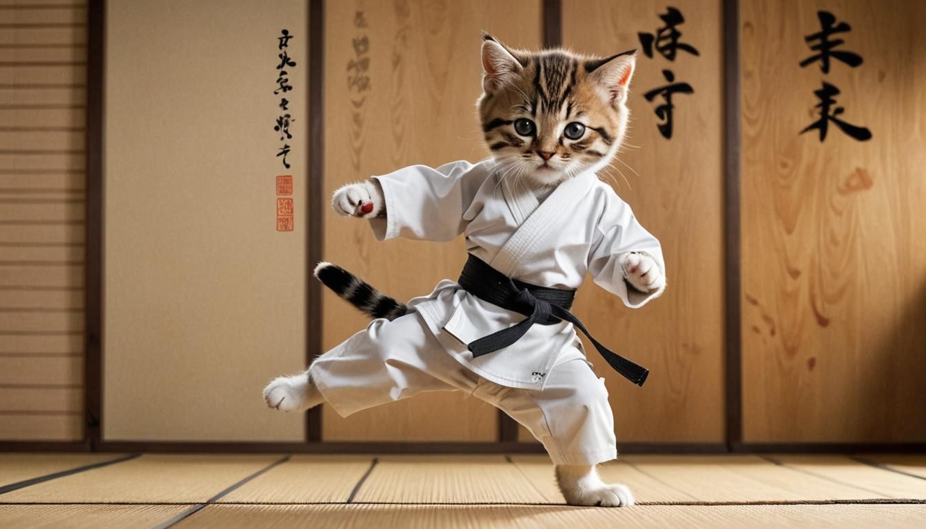 Kitten Karate Master in a Dojo