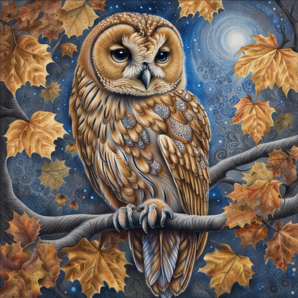 Gold Tawny Owl in Autumn: Detailed Charcoal Drawing