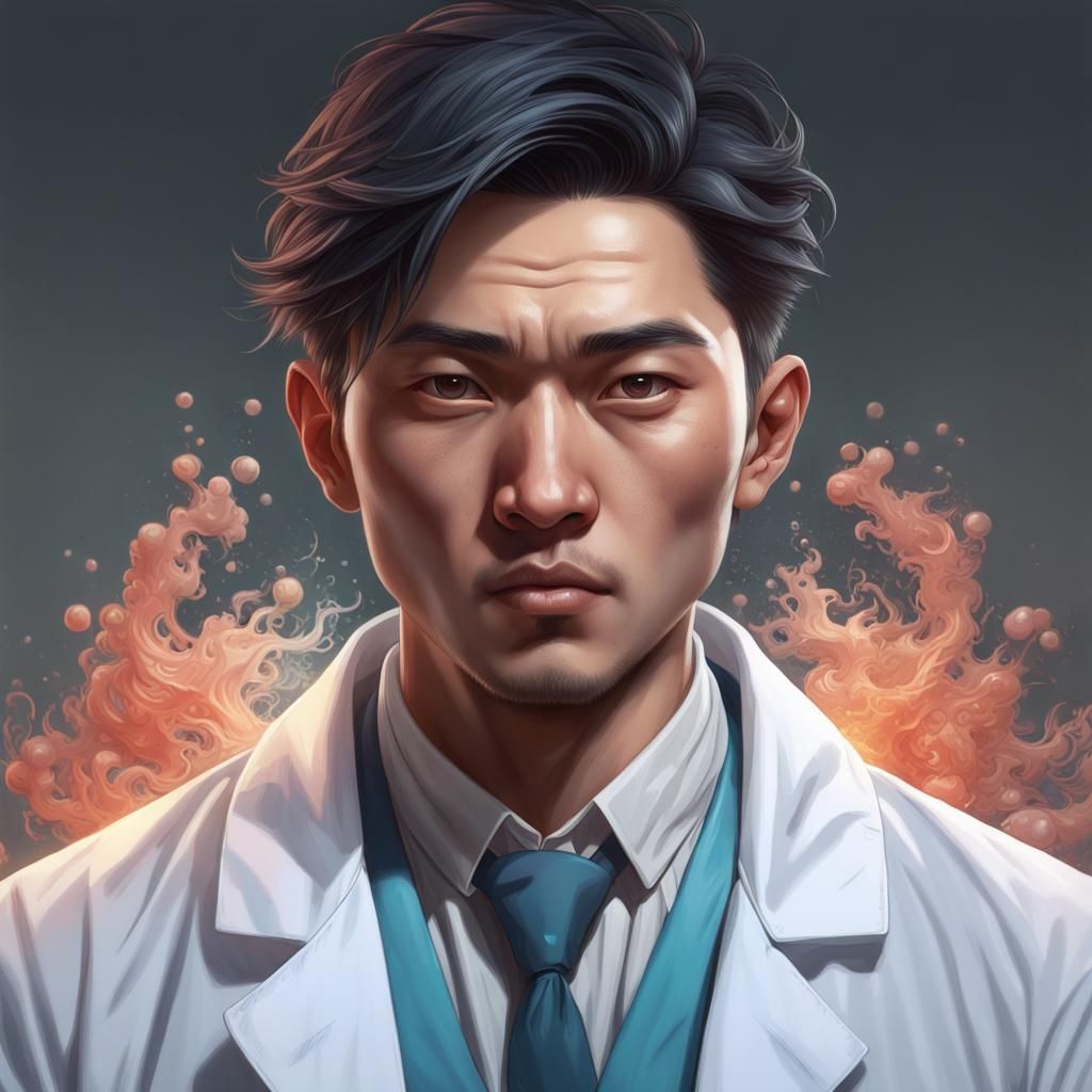 Hateful Young Asian Man in Lab Coat Portrait