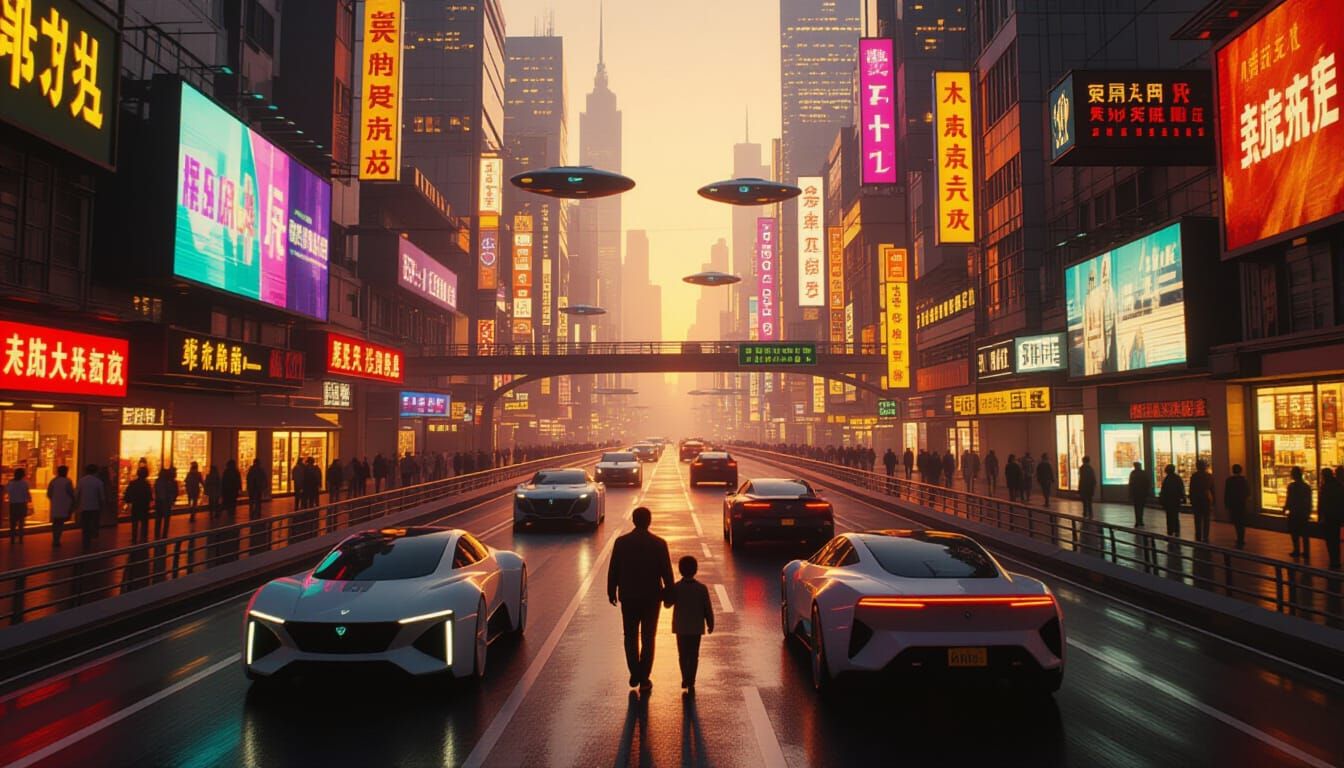 Joyful Family Reunion in Futuristic Neon City