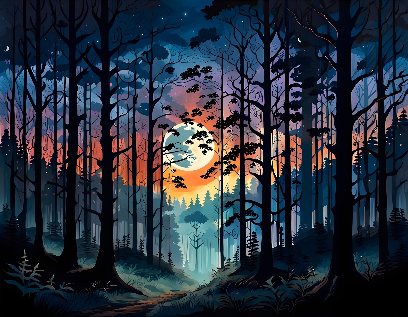 Detailed Forest Silhouette Painting at Dusk