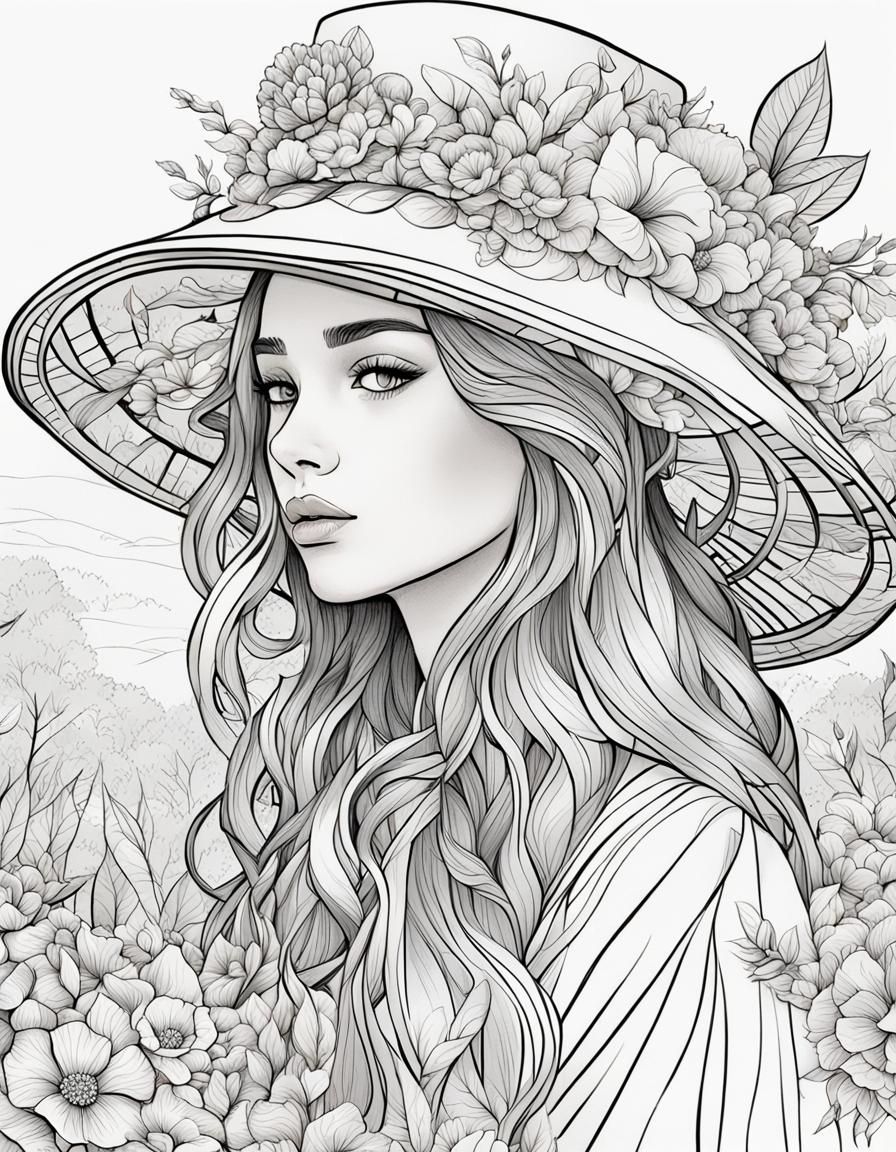 Girl with Floral Hat Coloring Page in Sketch Style
