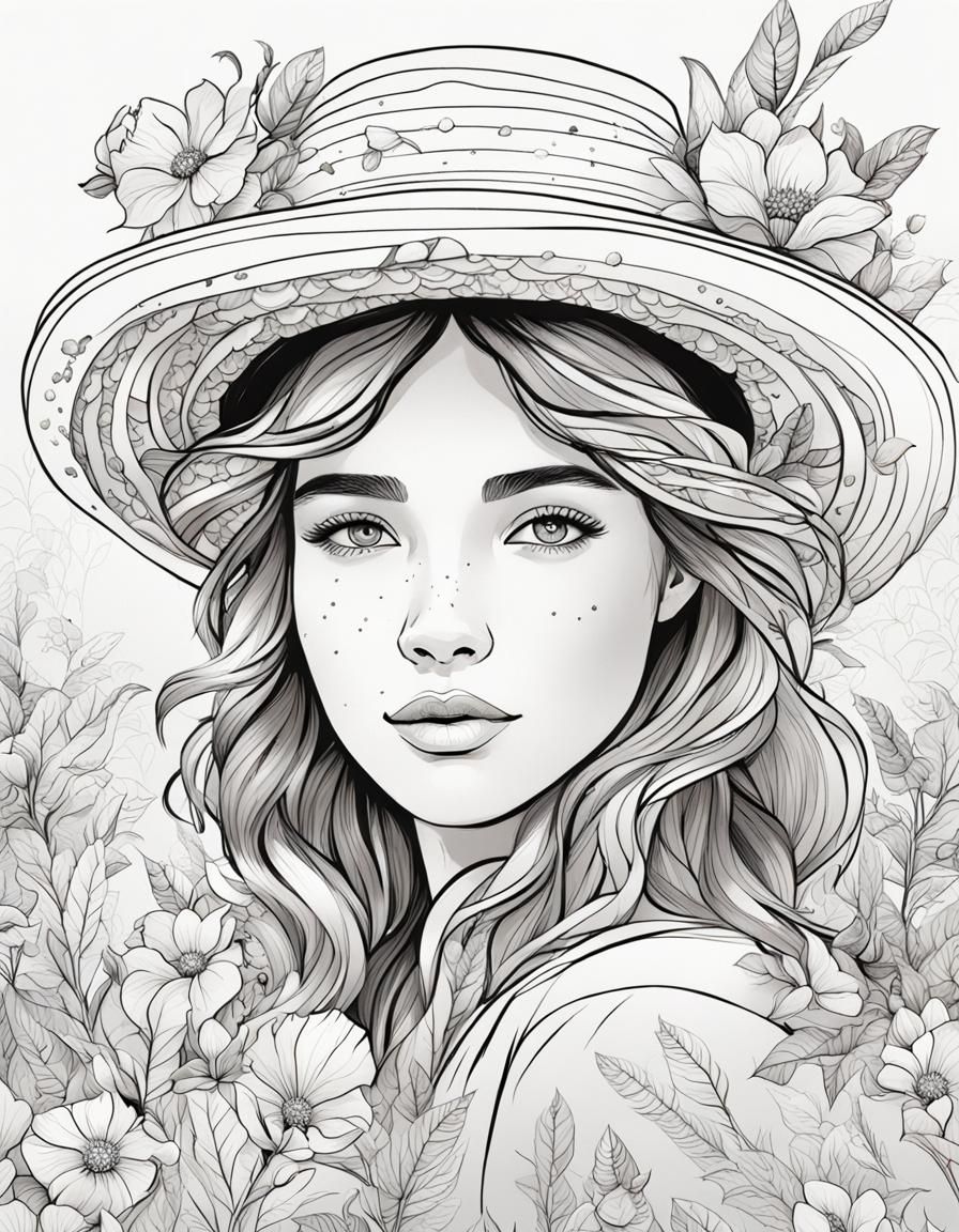 Girl with Floral Hat Coloring Page in Sketch Style