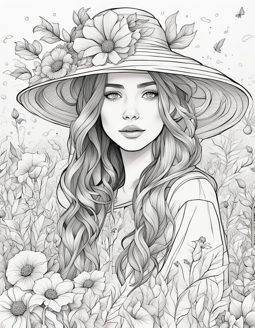 Girl with Floral Hat Coloring Page in Sketch Style