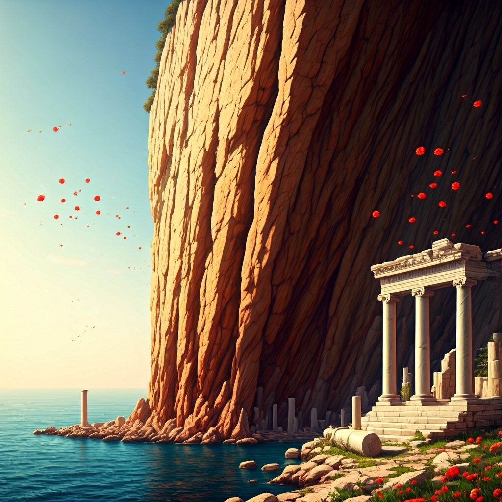 Greek Cliff with Poppies and Ruins, Digital Artwork