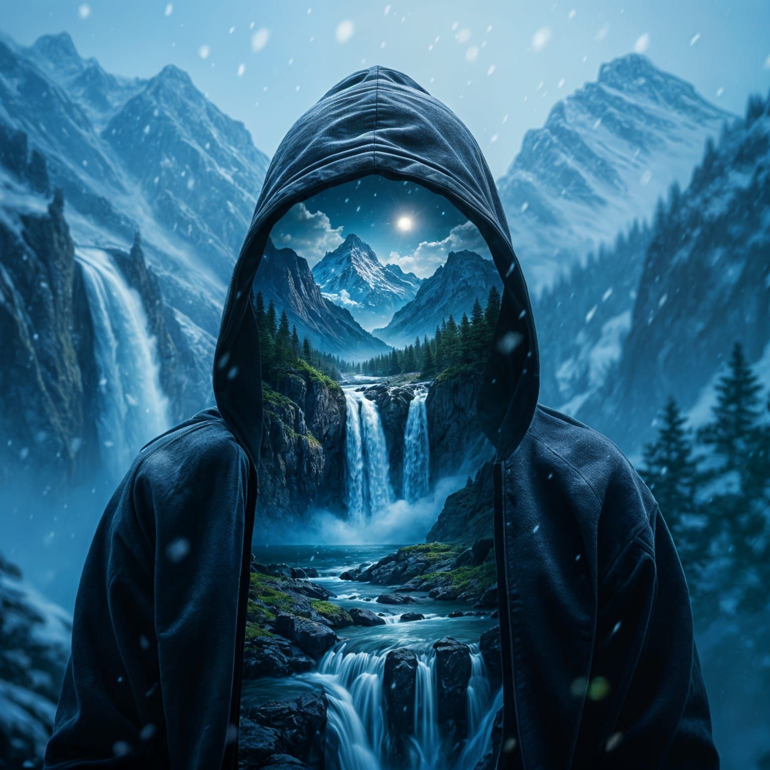 Shadowy Figure With Waterfall Hood in Hyperrealistic Style