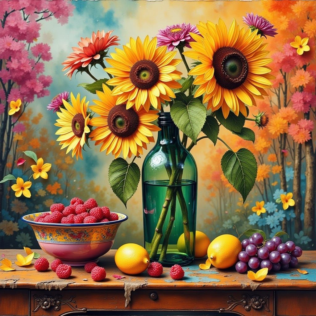 Floral Still Life with Collage Elements and Dynamic Lighting
